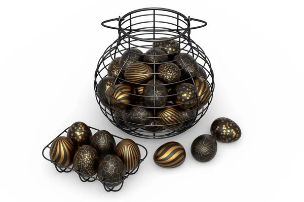 Золотые Черные Пасхальные Яйца Корзине Лоток Шоколадные Яйца Белом Фоне — стоковое фото