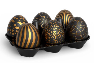 Sepet ya da tepside altın ve siyah Paskalya yumurtaları ve beyaz arka planda çikolata yumurtaları. Davetiye, kart, menü, broşür, afiş, poster, fiş için 3d Mutlu Paskalya zarif tasarım tasarımı