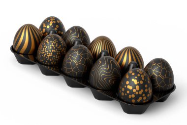 Sepet ya da tepside altın ve siyah Paskalya yumurtaları ve beyaz arka planda çikolata yumurtaları. Davetiye, kart, menü, broşür, afiş, poster, fiş için 3d Mutlu Paskalya zarif tasarım tasarımı