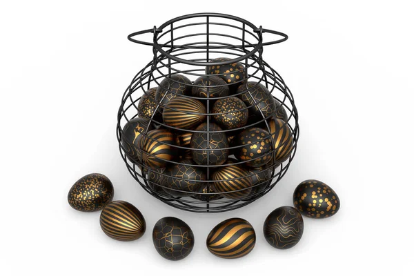 Золотые Черные Пасхальные Яйца Корзине Лоток Шоколадные Яйца Белом Фоне — стоковое фото