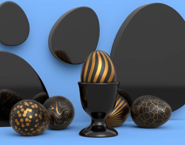 Kürsüde altın ve siyah Paskalya yumurtası ve mavi arka planda dağınık yumurtalar. Davetiye, kart, menü, broşür, afiş, poster, fiş için 3d Mutlu Paskalya zarif tasarım tasarımı.