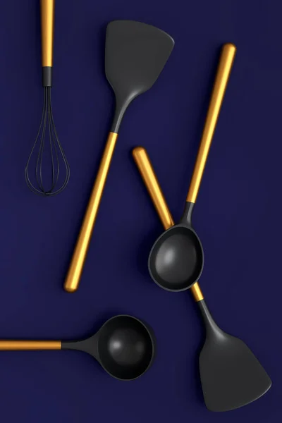 Kochutensilien Werkzeuge Und Geräte Aus Holz Auf Blauem Hintergrund Rendering — Stockfoto