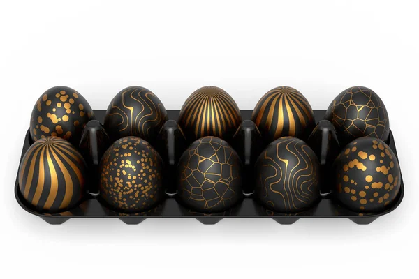 Sepet Tepside Altın Siyah Paskalya Yumurtaları Beyaz Arka Planda Çikolata — Stok fotoğraf