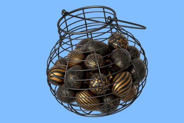Золотые Черные Пасхальные Яйца Корзине Лоток Шоколадные Яйца Синем Фоне — стоковое фото