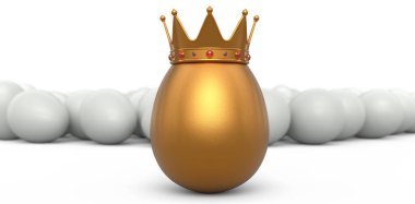 Beyaz tavuk yumurtaları ve kraliyet kralının beyaz arka planında eşsiz altın yumurta kalabalığı. Paskalya kavramının 3D canlandırması veya Kara Cuma, lüks, zenginlik ve imparatorluk gücü