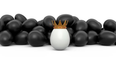 Çiftlik siyah tavuk yumurtaları ve beyaz arka planda kraliyet tacıyla eşsiz beyaz yumurta kalabalığı. Paskalya kavramının 3D canlandırması veya Kara Cuma, lüks, zenginlik ve imparatorluk gücü