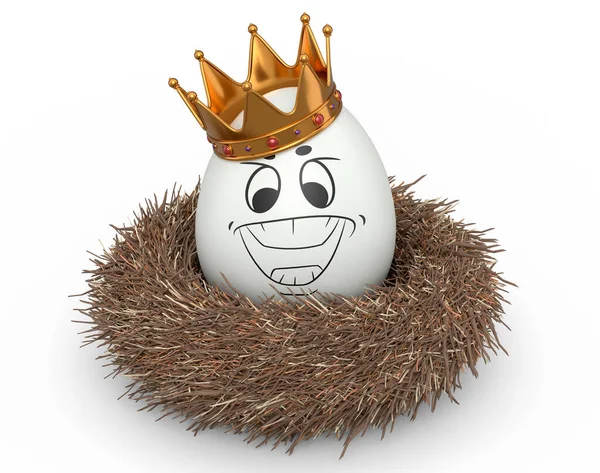 Фермерское Белое Яйцо Золотой Королевской Короной Забавным Лицом Птичьем Гнезде — стоковое фото