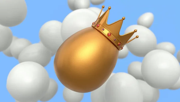 在皇家王冠上 蓝色背景的农场白色鸡蛋和独一无二的金蛋飘扬 复活节概念或黑色星期五的3D渲染 财富和皇权 — 图库照片