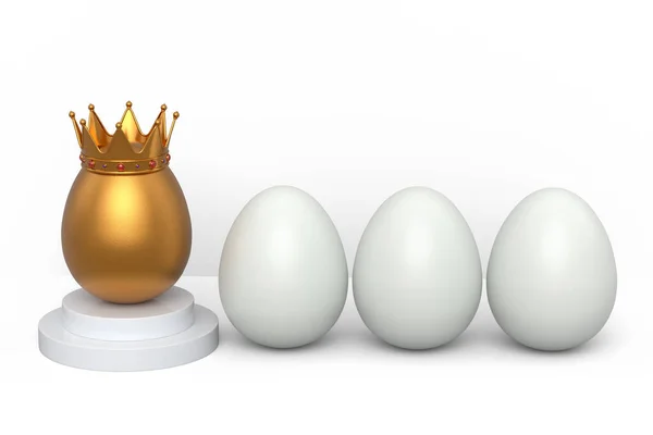 Beyaz Tavuk Yumurtaları Sırada Kraliyet Tacında Eşsiz Altın Yumurta Kürsüde — Stok fotoğraf