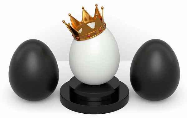 表彰台と白の背景に王室の王冠の行とユニークな金の卵の黒鶏の卵 イースターの概念やブラックフライデーの3Dレンダリング モックアップ製品表示のための最小壁のシーン — ストック写真