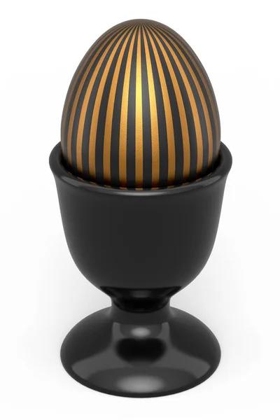Easter egg with gold and black pattern in egg cup isolated on white background. 3d render of Happy easter elegant design layout for invitation, card, menu, flyer, banner, poster, voucher
