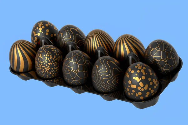 Huevos Pascua Dorados Negros Cesta Bandeja Huevos Chocolate Sobre Fondo — Foto de Stock