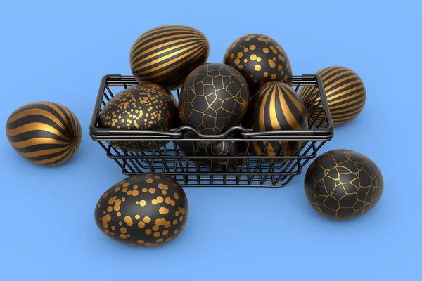 Zlatá Černá Velikonoční Vejce Košíku Nebo Tácu Čokoládová Vejce Modrém — Stock fotografie