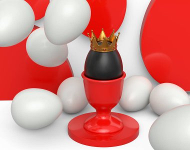 Kraliyet altın kaplamalı eşsiz siyah yumurta seramik yumurta ve beyaz arka planda dağınık beyaz yumurta. Paskalya kavramının 3D canlandırması veya Kara Cuma, lüks, zenginlik ve imparatorluk gücü