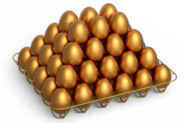Altın Yumurta Piramidin Içinde Metal Tepside Beyaz Arka Planda Izole — Stok fotoğraf