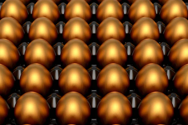 Heap of farm raw organic gold chicken eggs, abstract background. 3d render of Easter concept or Black Friday, luxury, wealth and imperial power