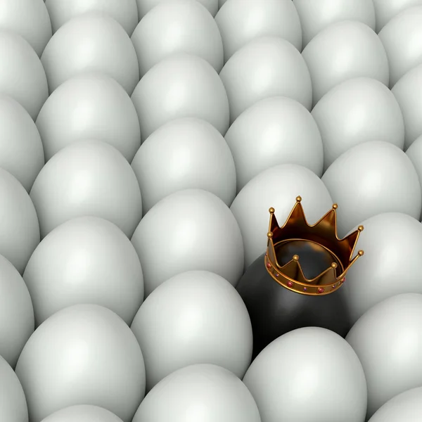 白色背景的金王冠农场白色鸡蛋和独特的黑蛋 复活节概念或黑色星期五的3D渲染 财富和皇权 — 图库照片