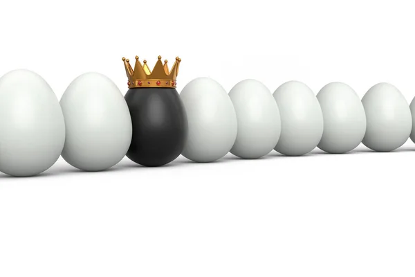 一排排的农场白鸡蛋和独一无二的黑蛋在金王冠白色背景 复活节概念或黑色星期五的3D渲染 财富和皇权 — 图库照片