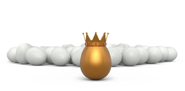 Толпа Фермерских Белых Куриных Яиц Уникальное Золотое Яйцо Королевской Короне — стоковое фото