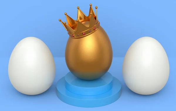 Weiße Hühnereier Reihe Und Einzigartiges Goldei Königlicher Königskrone Auf Podium — Stockfoto