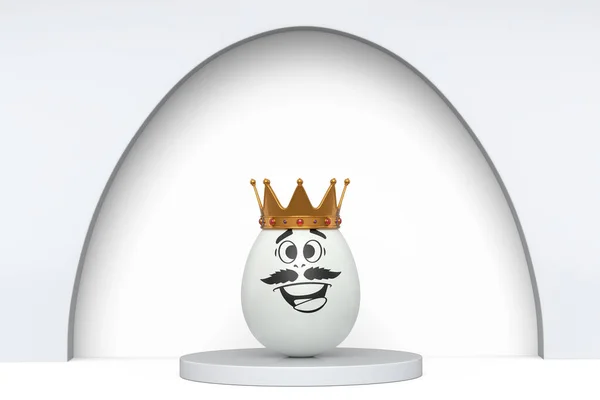 Unique white chicken egg with funny face and gold crown on podium and white background. 3d render of Easter eggs template design for greeting and invitation cards