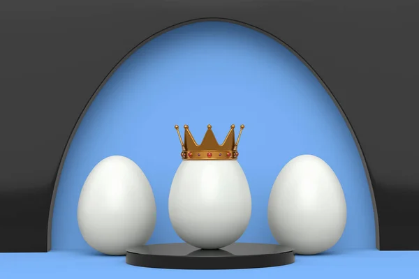 Beyaz Tavuk Yumurtaları Sıra Sıra Eşsiz Altın Yumurta Kraliyet Tacında — Stok fotoğraf