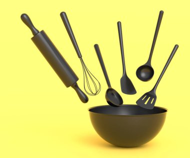 Tek renkli arka planda hamurun hazırlanması için mutfak malzemesi içeren metal kase. Aşçılık, harmanlama ve karıştırma için 3D pişirme süreci adım adım ve aksesuarları