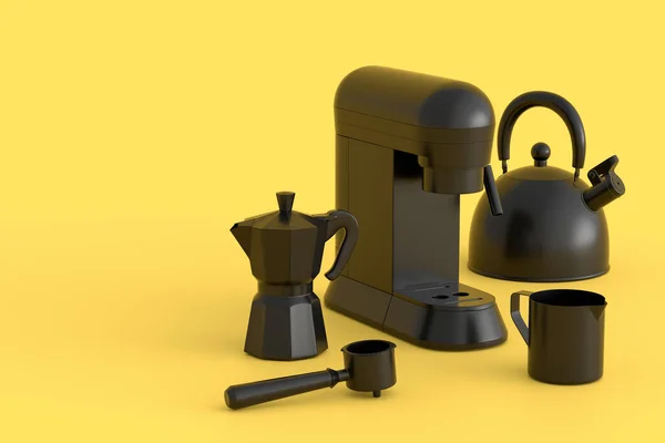 浓缩咖啡机 加角和间歇式咖啡机的水壶 用于在单色背景下准备早餐 煮拿铁咖啡用咖啡壶3D渲染 — 图库照片