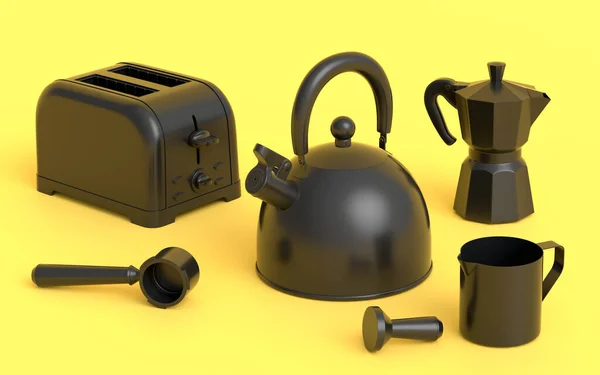 烤面包机 咖啡机喇叭和单色背景的间歇式咖啡机 3D用拿铁咖啡做早餐的厨房用具 — 图库照片