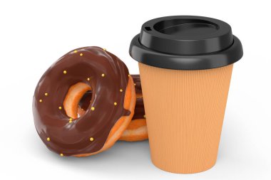 Cappuccino, americano, espresso, mocha, latte, beyaz arka planda donutlu kakao için kapuçino kaplı kağıt kahve fincanı. Geri dönüşüm ambalajı ve çöreğinde 3D konsept paket ve içecek.