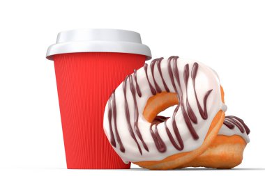 Cappuccino, americano, espresso, mocha, latte, beyaz arka planda donutlu kakao için kapuçino kaplı kağıt kahve fincanı. Geri dönüşüm ambalajı ve çöreğinde 3D konsept paket ve içecek.