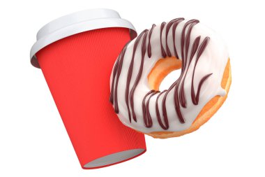 Cappuccino, americano, espresso, mocha, latte, beyaz arka planda donutlu kakao için kapuçino kaplı kağıt kahve fincanı. Geri dönüşüm ambalajı ve çöreğinde 3D konsept paket ve içecek.