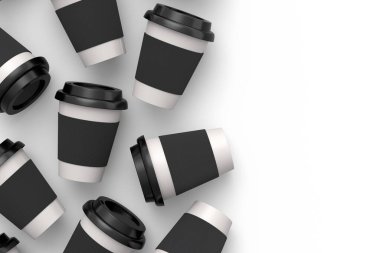 Kapuçino, americano, espresso, mocha, latte ve beyaz arka planda kakao için kapaklı kağıt kahve fincanları. Geri dönüşüm ambalajında 3D konsept paket yiyecek ve içecek hazırlama