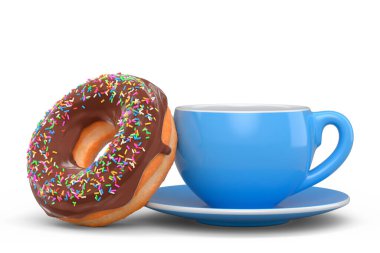 Cappuccino, americano, espresso, mocha, latte, beyaz arka planda donutlu kakao için seramik kahve fincanı. Geri dönüşüm ambalajı ve çöreğinde 3D konsept paket ve içecek.