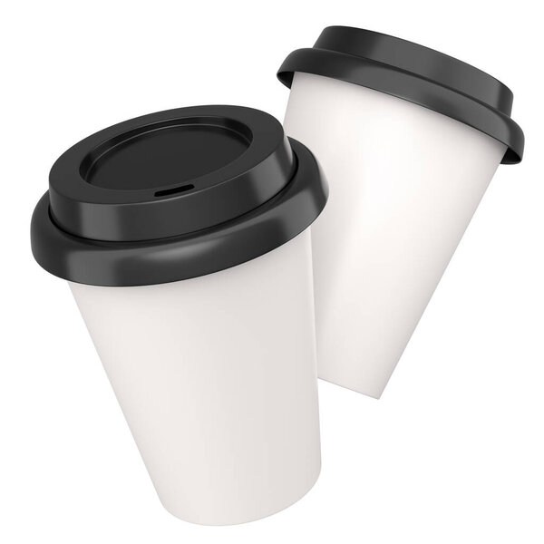 Set of paper coffee cups with cover for cappuccino, americano, espresso, mocha, latte, cocoa on white background. 3d render of concept takeaway food and drink in recycling packaging