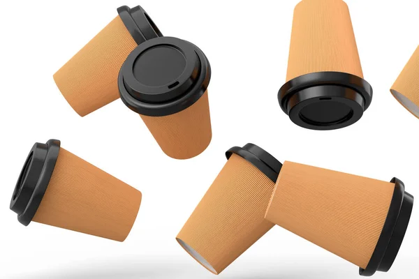 カプチーノ アメリカーノ エスプレッソ ココアを白を基調とした紙のコーヒーカップセット コンセプトの3Dレンダリングは 食品や飲料をリサイクル包装に持ち帰ります — ストック写真