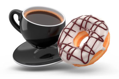 Cappuccino, americano, espresso, mocha, latte, beyaz arka planda donutlu kakao için seramik kahve fincanı. Geri dönüşüm ambalajı ve çöreğinde 3D konsept paket ve içecek.