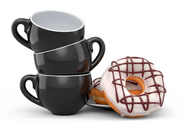 卡布奇诺咖啡 美式咖啡 浓缩咖啡 摩卡咖啡 拿铁咖啡 可可可豆 白底甜甜圈 循环包装和甜甜圈中概念外卖食品和饮料的3D渲染 — 图库照片