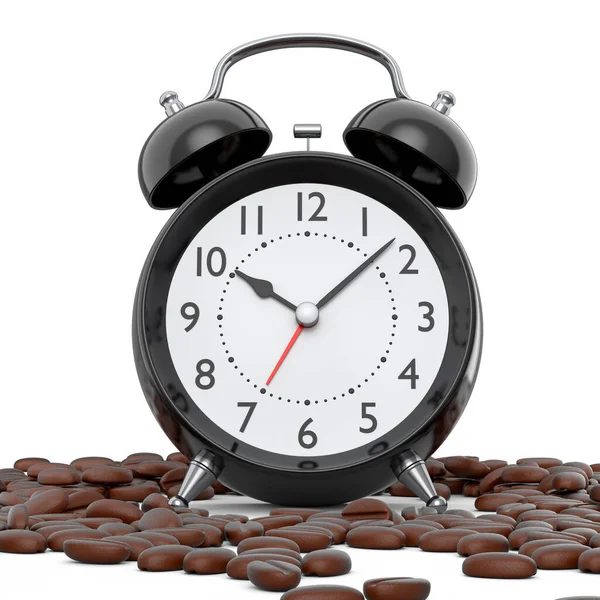 Vintage Alarm Clock Roasted Coffee Beans Spread Out White Background — Φωτογραφία Αρχείου
