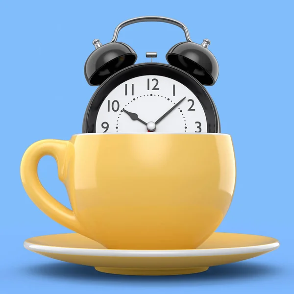 Vintage Alarm Clock Ceramic Coffee Cup Blue Background Render Concept — Stock fotografie