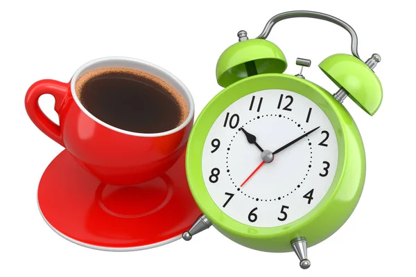 Vintage Alarm Clock Ceramic Coffee Cup White Background Render Concept — Photo