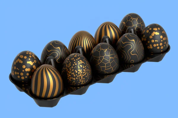 Huevos Pascua Dorados Negros Cesta Bandeja Huevos Chocolate Sobre Fondo —  Fotos de Stock