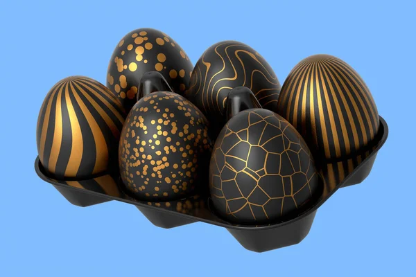 Sepet Tepside Altın Siyah Paskalya Yumurtaları Mavi Arka Planda Çikolata — Stok fotoğraf