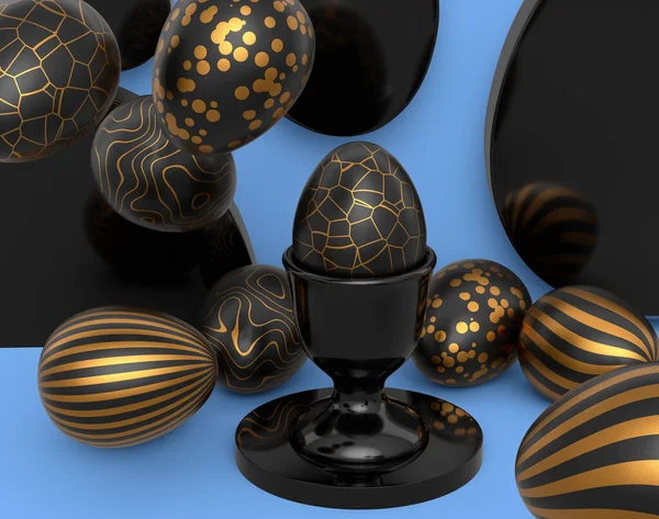 Kürsüde Altın Siyah Paskalya Yumurtası Mavi Arka Planda Dağınık Yumurtalar — Stok fotoğraf