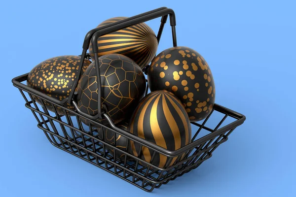 Golden and black Easter eggs in basket or tray and chocolate eggs on blue background. 3d render of Happy easter elegant design layout for invitation, card, menu, flyer, banner, poster, voucher
