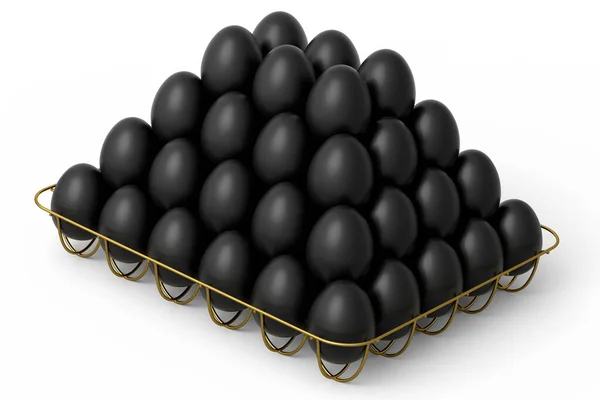 Luksusowe Czarne Jajka Stojące Piramidzie Metalowej Tacy Lub Papierowej Tekturze — Zdjęcie stockowe