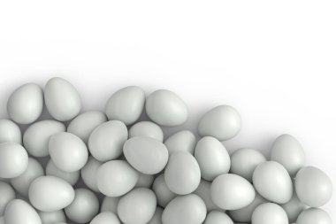 Birçok çiftlik çiğ organik tavuk yumurtası arka planda. Yerel pazar için 3 boyutlu Paskalya konsepti veya organik tarım ürünleri üretimi