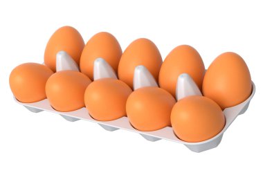 Plastik tepside çiğ organik yumurta ya da beyaz arka planda kağıt karton. Omlet için 3 boyutlu taze tavuk yumurtası ya da sabah kahvaltısı için çırpılmış yumurta.