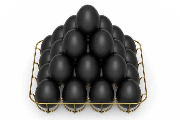 豪华的黑蛋呈金字塔状排列在金属托盘或纸板箱中 白色背景隔离 复活节概念的3D渲染或鸡蛋煎蛋卷或炒蛋早餐 — 图库照片