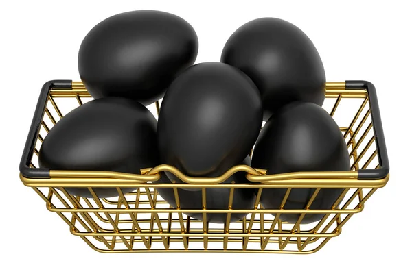 在白色背景上隔离的金属篮子或纸板箱中豪华的黑色鸡蛋 复活节概念的3D渲染或鸡蛋煎蛋卷或炒蛋早餐 — 图库照片